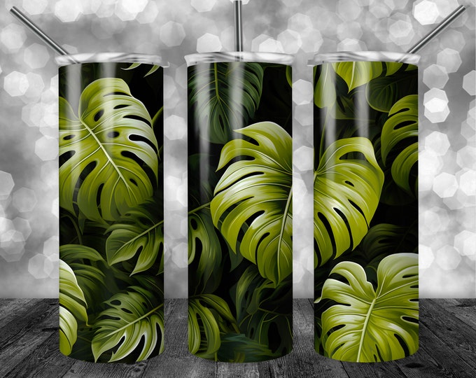 Monstera Leaves Pattern Dark | 20oz Sublimation Tumbler  | 9.3 x 8.2” Straight Skinny Tumbler Wrap | PNG Digital Download | Sublimation -