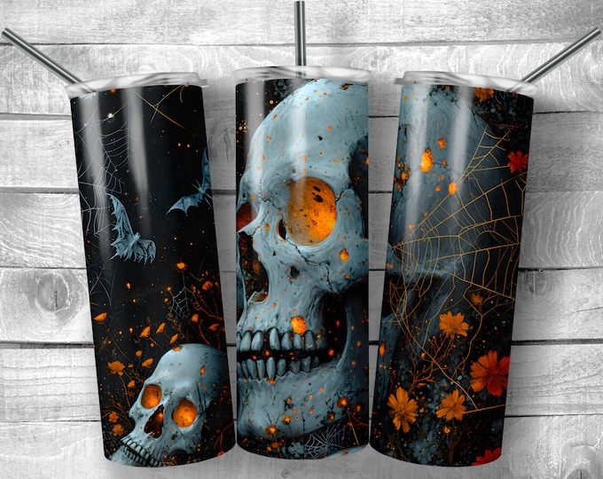 Spooky Skulls and Spider Webs | 20oz Sublimation Tumbler  | 9.3 x 8.2” Straight Skinny Tumbler Wrap | PNG Digital Download | Sublimation