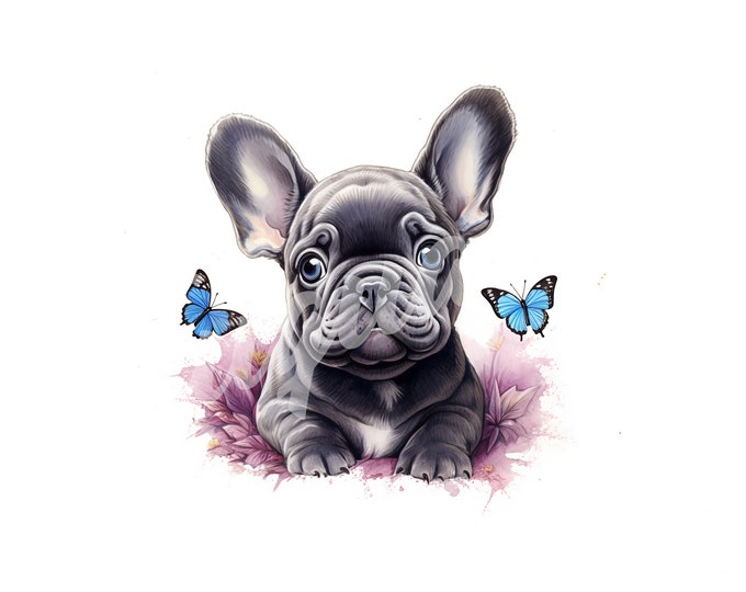 French Bulldog JPG, Puppy Clipart - Printable Clipart, High Quality JPG Download, Frenchie, Butterflies