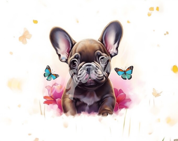 French Bulldog JPG, Puppy Clipart - Printable Clipart, High Quality JPG Download, Frenchie, Butterflies