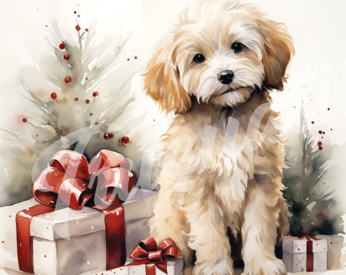 Cute Dog with Presents JPG, Christmas Clipart - Printable Clipart, High Quality JPG Download, Puppy with Christmas Presents, Watercolor