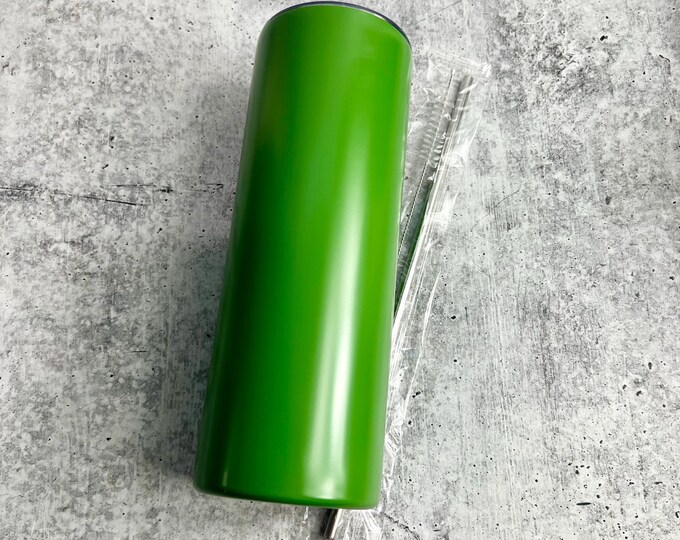 CLEARANCE - 20 Oz Tumbler Blank Skinny Stainless Steel Double Wall With Lid And Straw - 20 oz - Green - Powder Coated