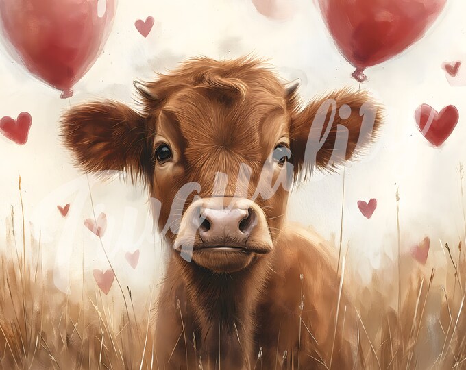 Valentines Day Cow, Cow, Valentines Day Clipart, V-Day - Printable Watercolor Clipart, High Quality JPG Download