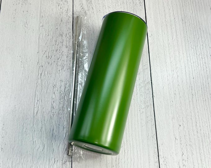 CLEARANCE - 20 Oz Tumbler Blank Skinny Stainless Steel Double Wall With Lid And Straw - 20 oz - Green - Powder Coated - Custom Powder Coated