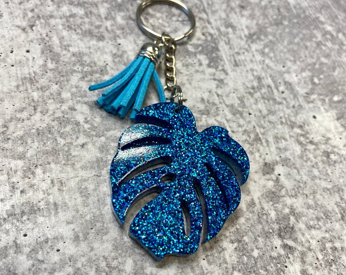 Blue Glitter Monstera Leaf Keychain