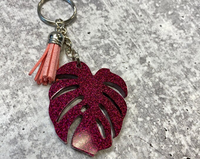 Pink Glitter Monstera Leaf Keychain