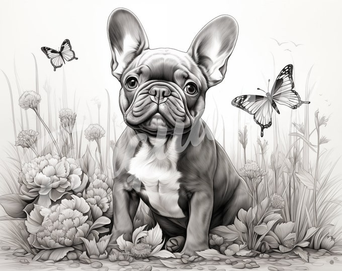 French Bulldog JPG, Puppy Clipart - Printable Clipart, High Quality JPG Download, Frenchie, Butterflies