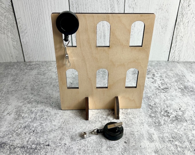 READY TO SHIP - Badge Reel Display Stand - Holds 6 - Wood