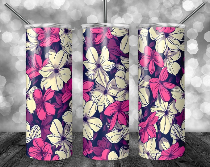 Flower Pattern - Pink - White | 20oz Sublimation Tumbler  | 9.3 x 8.2” Straight Skinny Tumbler Wrap | PNG Digital Download | Sublimation