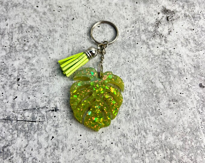 Green Glitter Monstera Leaf Keychain