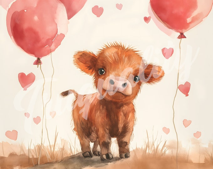 Valentines Day Cow, Cow, Valentines Day Clipart, V-Day - Printable Watercolor Clipart, High Quality JPG Download, Watercolor --