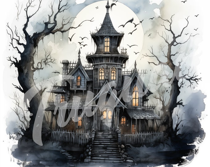 Watercolor Haunted House JPG, Halloween Clipart - Printable Clipart, High Quality JPG Download, Spooky House
