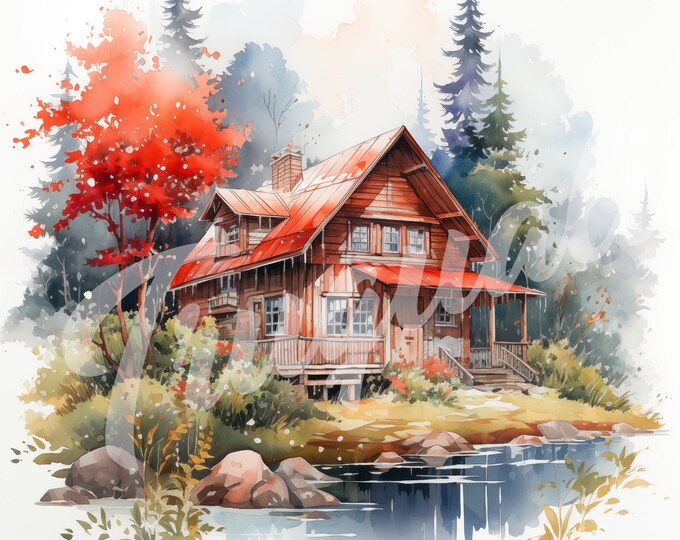 Watercolor Cabin on a Lake JPG, Flag Clipart - Printable Clipart, High Quality JPG Download--