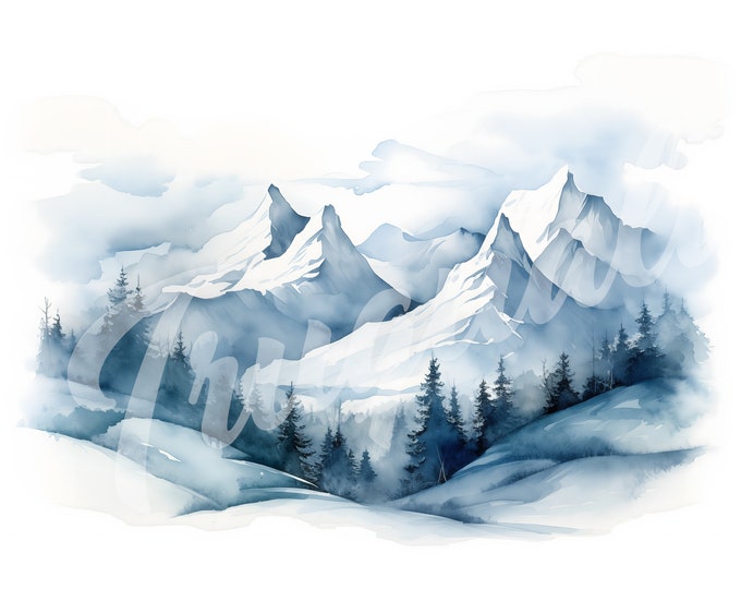 Watercolor Snowy Mountain JPG, Winter Clipart - Printable Clipart, High Quality JPG Download, Snow Covered Mountain
