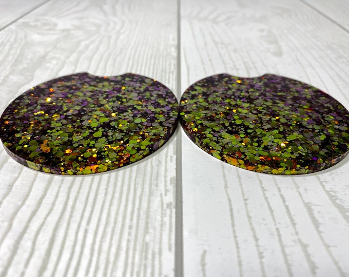 JULY CLEARANCE - Orange / Purple Color Shift Glitter Car Coasters - Set of 2 - 2.8"