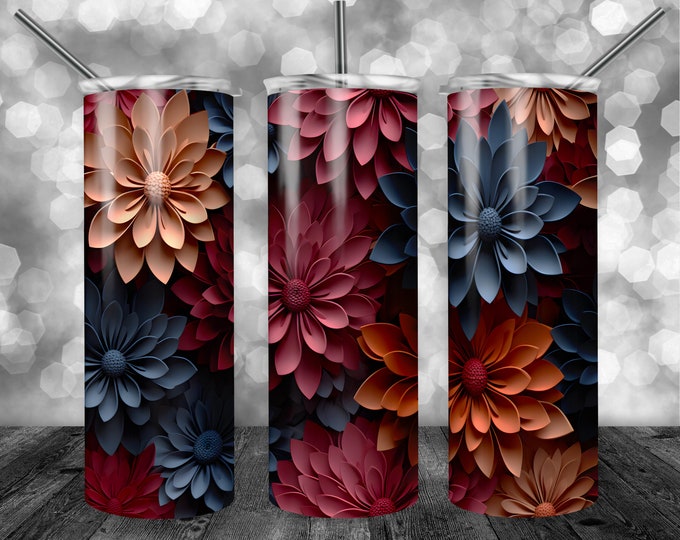 Dark 3D Flowers | 20oz Sublimation Tumbler  | 9.3 x 8.2” Straight Skinny Tumbler Wrap | PNG Digital Download | Sublimation