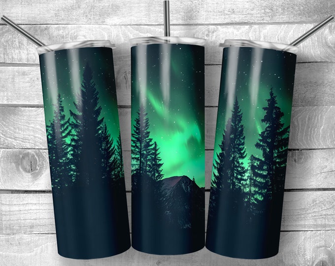 Northern Lights Mountain | 20oz Sublimation Tumbler  | 9.3 x 8.2” Straight Skinny Tumbler Wrap | PNG Digital Download | Sublimation