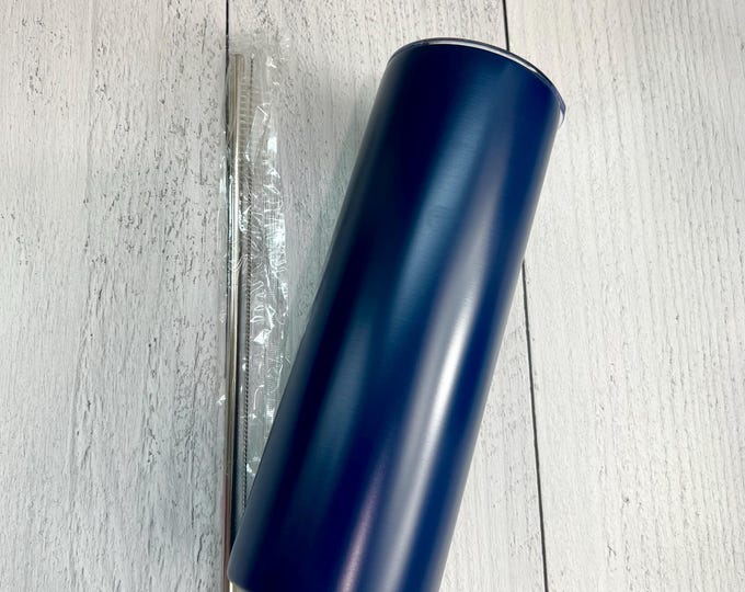 CLEARANCE - 20 Oz Tumbler Blank Skinny Stainless Steel Double Wall With Lid And Straw - 20 oz - Blue - Powder Coated - Custom Powder Coated