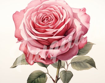 May include: A single pink rose with a light pink center, in full bloom, with green leaves and a stem.