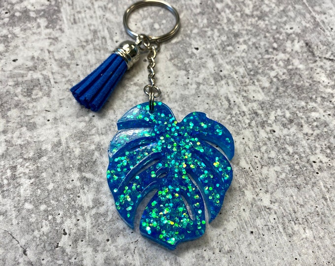 Blue Glitter Monstera Leaf Keychain