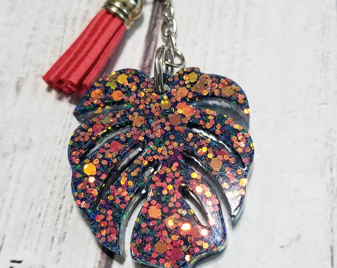 JULY CLEARANCE - Color shift Glitter Monstera Leaf Keychain