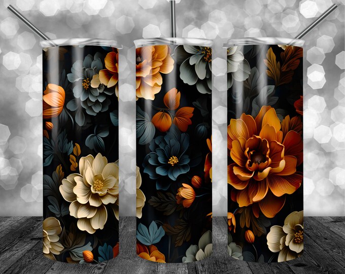Flower Pattern | 20oz Sublimation Tumbler  | 9.3 x 8.2” Straight Skinny Tumbler Wrap | PNG Digital Download | Sublimation | Blue Gold
