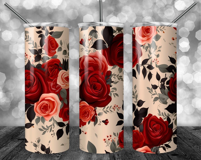 Flower Pattern - Roses | 20oz Sublimation Tumbler  | 9.3 x 8.2” Straight Skinny Tumbler Wrap | PNG Digital Download | Sublimation