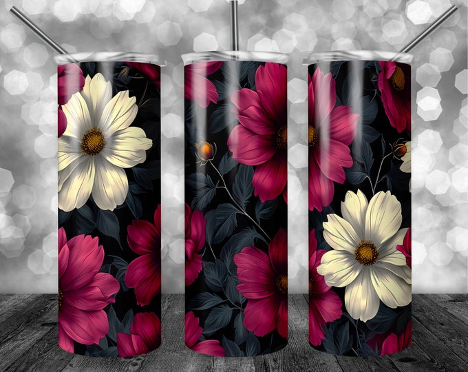 Flower Pattern - Pink & White | 20oz Sublimation Tumbler  | 9.3 x 8.2” Straight Skinny Tumbler Wrap | PNG Digital Download | Sublimation