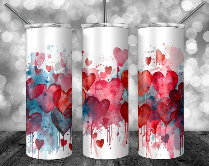 Watercolor Hearts | 20oz Sublimation Tumbler  | 9.3 x 8.2” Straight Skinny Tumbler Wrap | PNG Digital Download | Sublimation
