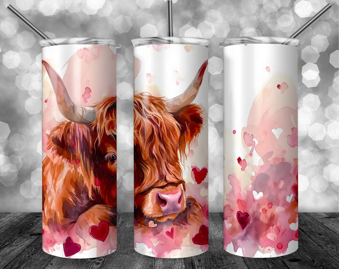 Highland Cow Valentines Day | 20oz Sublimation Tumbler  | 9.3 x 8.2” Straight Skinny Tumbler Wrap | PNG Digital Download | Sublimation
