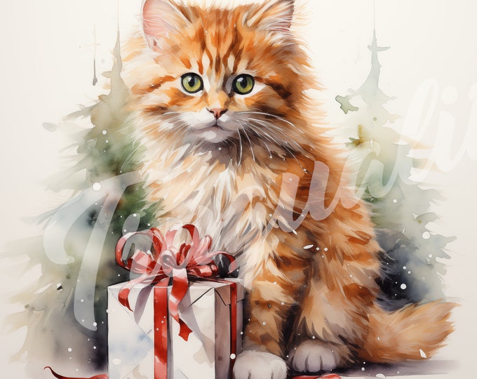 Christmas Kitten JPG, Christmas Clipart - Printable Clipart, High Quality JPG Download, Kitten with Christmas Presents