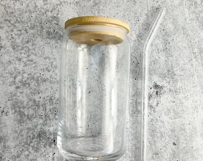 16 oz Glass Beer Can Blanks: Bamboo Lid & Glass Straw