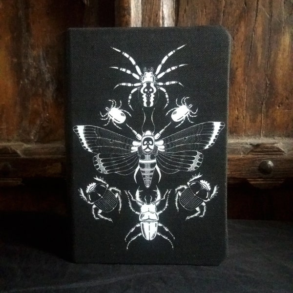 A5 Gothic Insect notebook with lined pages, black and white Insect Journal, linen fabric, design on front and back covers