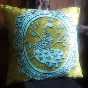 Victorian papercut style Peacock Cushion, Bird themed luxury velvet home decor pillow