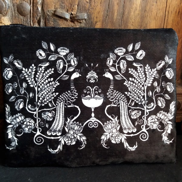 Peacock Gothic accessories bag, Victorian Art Nouveau Zip Pouch, goth make up bag, elegant alternative purse or pencil case