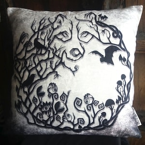 Dark fairytale cushion, forestcore Gothic home decor, witchcore dark aesthetic pillow, goblincore mushrooms and trees print