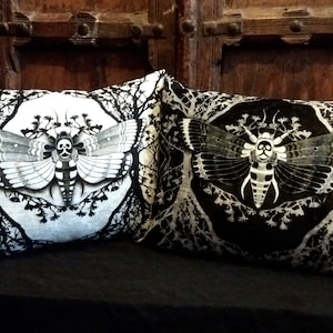 Ghost Moth Cushion,  Victorian Gothic Deaths Head Hawkmoth home decor velvet pillow, choose colour - black or white