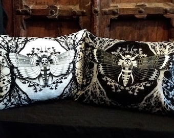 Ghost Moth Cushion,  Victorian Gothic Deaths Head Hawkmoth home decor velvet pillow, choose colour - black or white