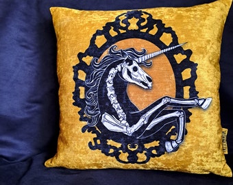 Samtkissen Skelecorn, Einhornskelett senf Samtkissen, anatomisches Gothic Dekokissen