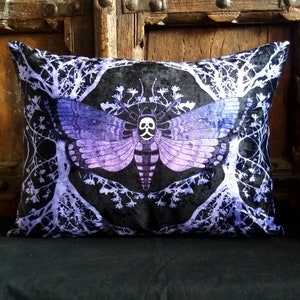 purple Ghost Moth Cushion, Victorian Gothic Deaths Head Hawkmoth home decor velvet pillow, witchy dark cottagecore