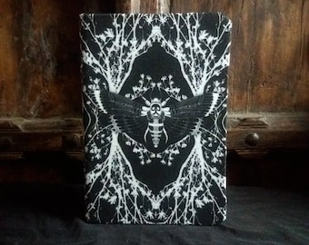 A5 Black Deaths head moth lined notebook, Victorian Gothic Ghost moth journal, design front and back printed on linen fabric