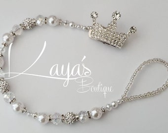 LAST ONE Silver White Heart Romany Crystal Bling baby dummy soother clip chain