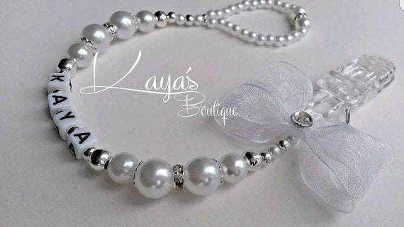Gorgeous White Silver Diamante Heart Pearl Romany Crystal Bling Baby dummy clip