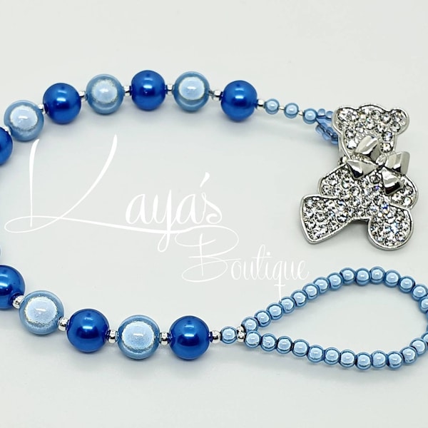 Diamante Teddy Bear- Pearl Romany Keepsake Dummy/Pacifier Clip Personalised Baby Blue Royal Silver Reborn Boy