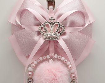 Diamanté Crown Big Bow Romany Hanging Pram/Bag Charm New Baby Shower Gift Christening Pink Silver Girls Pom Pom Fur Ball Circle Personalised