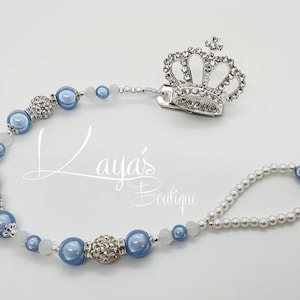 Clip para chupete con corona de diamantes: cadena de recuerdo azul y plateada