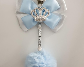 Diamante Crown Big Bow Romany Hanging Pram Charm New Baby Gift Christening Blue Silver Boys Personalised Pom Pom Shamballa Pearl