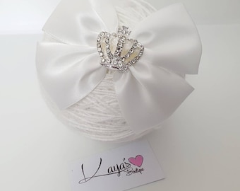 Handmade White Baby Headband: Silver Diamante Crown Bow