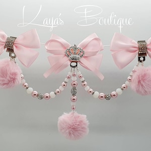 Big Bows Romany Triple Clip Hanging  Pram Charm Shamballa Crystal Pearl New Baby Gift Christening Pink White Fur Pom Pom Diamante Crown