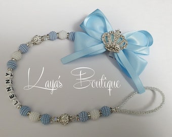 Diamante Crown & Big Bow- Shamballa Beaded Pearl Romany Keepsake Dummy Clip Personalised Blue Silver White Reborn